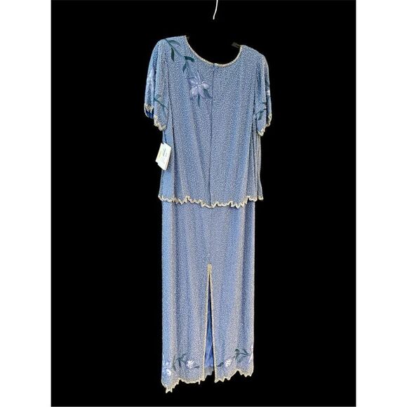 Laurence Kazar silk beaded long formal periwinkle blue purple floral 14W new - Picture 2 of 12